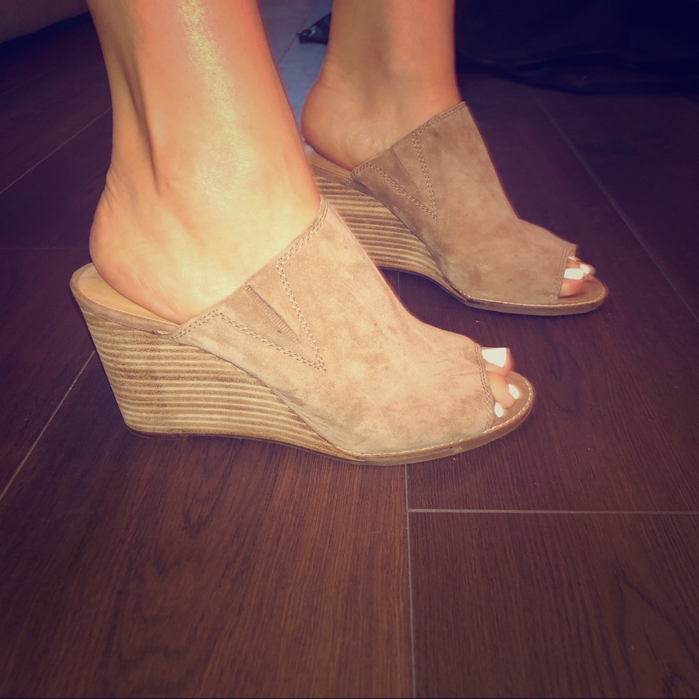 Tan suede wedge slip ons